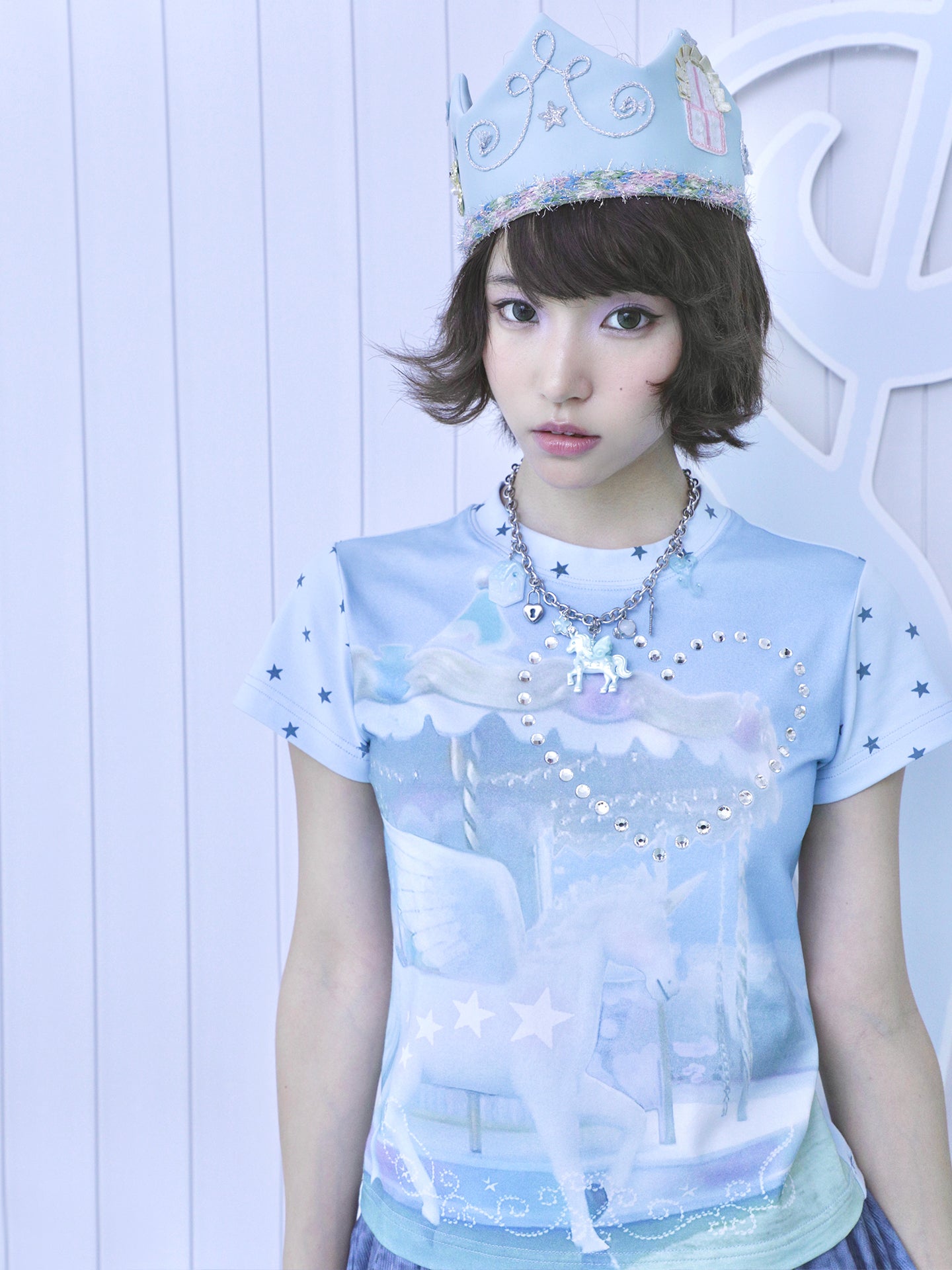 Unicorn Carousel Rhinestone Patchwork Short Sleeve Tee