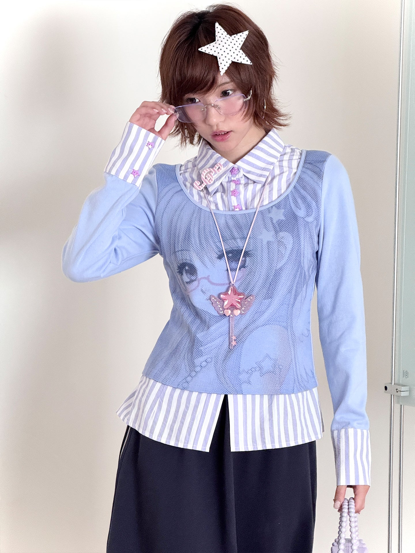 Comic Girl Print Two-Piece Style Blouse
