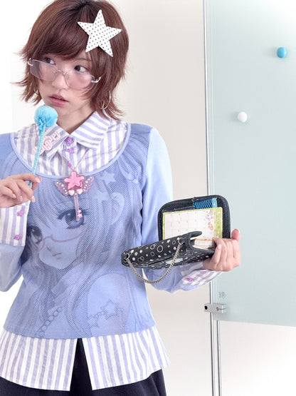 Comic Girl Print Two-Piece Style Blouse