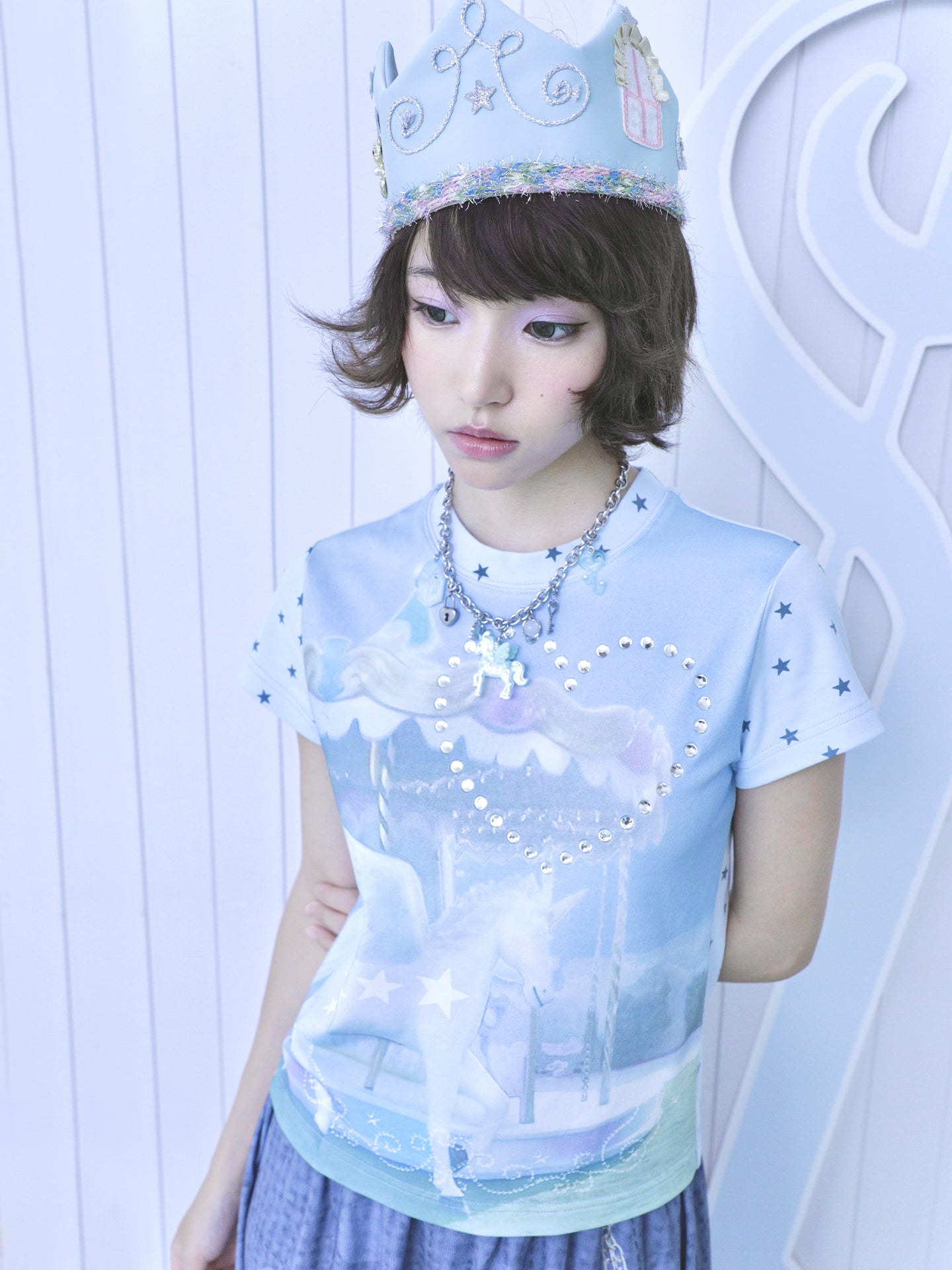 Unicorn Carousel Rhinestone Patchwork Short Sleeve Tee