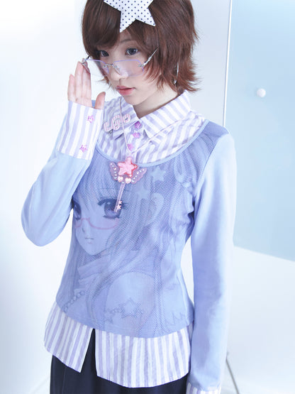 Comic Girl Print Two-Piece Style Blouse