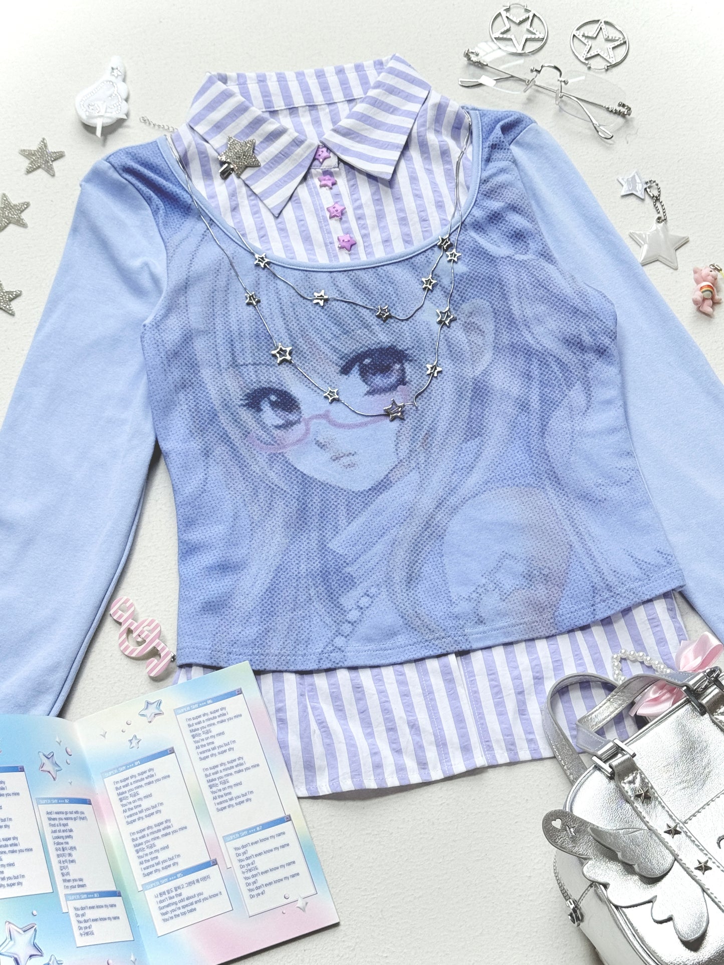 Comic Girl Print Two-Piece Style Blouse