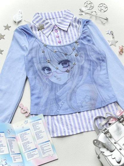 Comic Girl Print Two-Piece Style Blouse