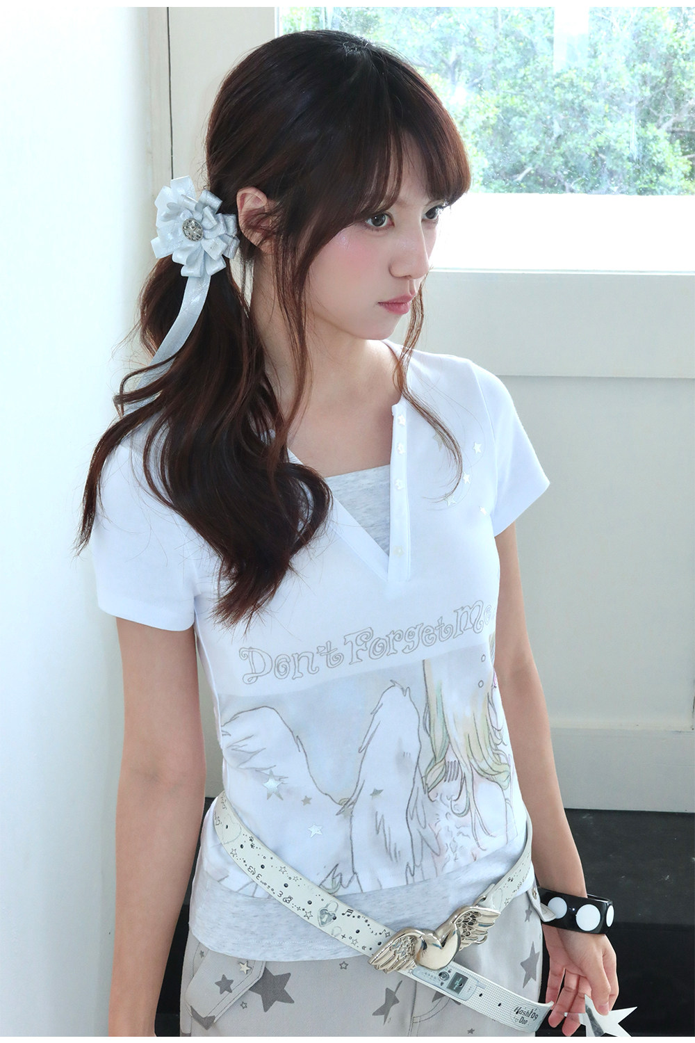 oliwabiu co-branded Angel Silver Foil Mock Layer Short Sleeve T-Shirt