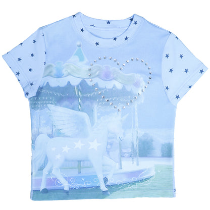 Unicorn Carousel Rhinestone Patchwork Short Sleeve Tee