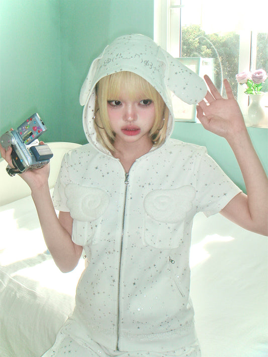 Rabbit eared hooded angel wing white vest Rhinestone jacket