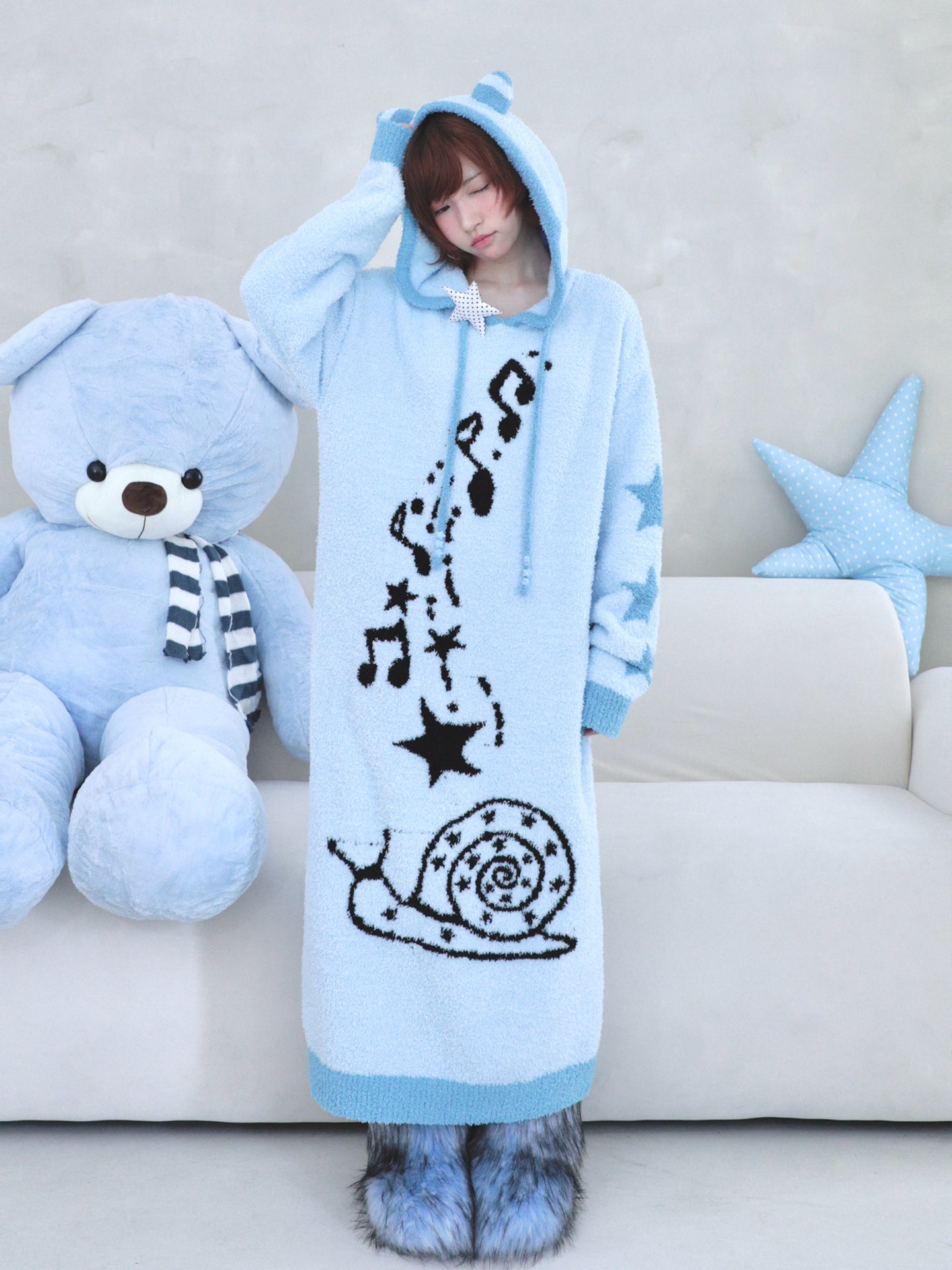 Musical Note & Snail Antennae Hooded Knit Maxi Dress