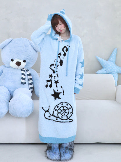 Musical Note & Snail Antennae Hooded Knit Maxi Dress