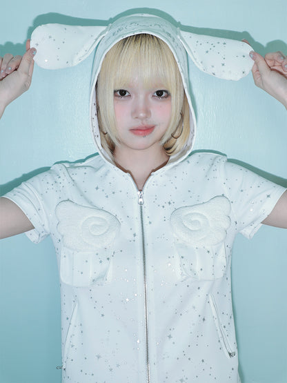 Rabbit eared hooded angel wing white vest Rhinestone jacket