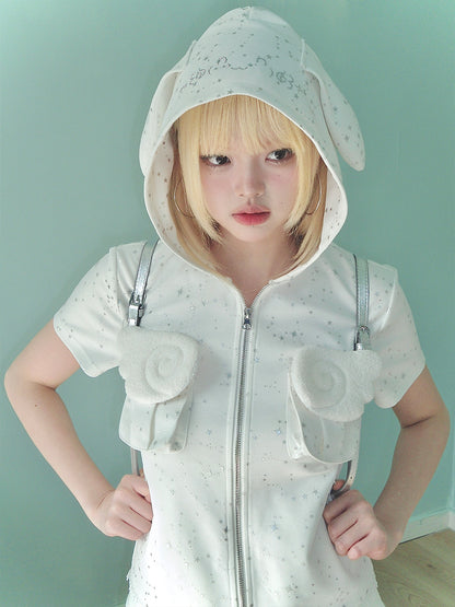 Rabbit eared hooded angel wing white vest Rhinestone jacket