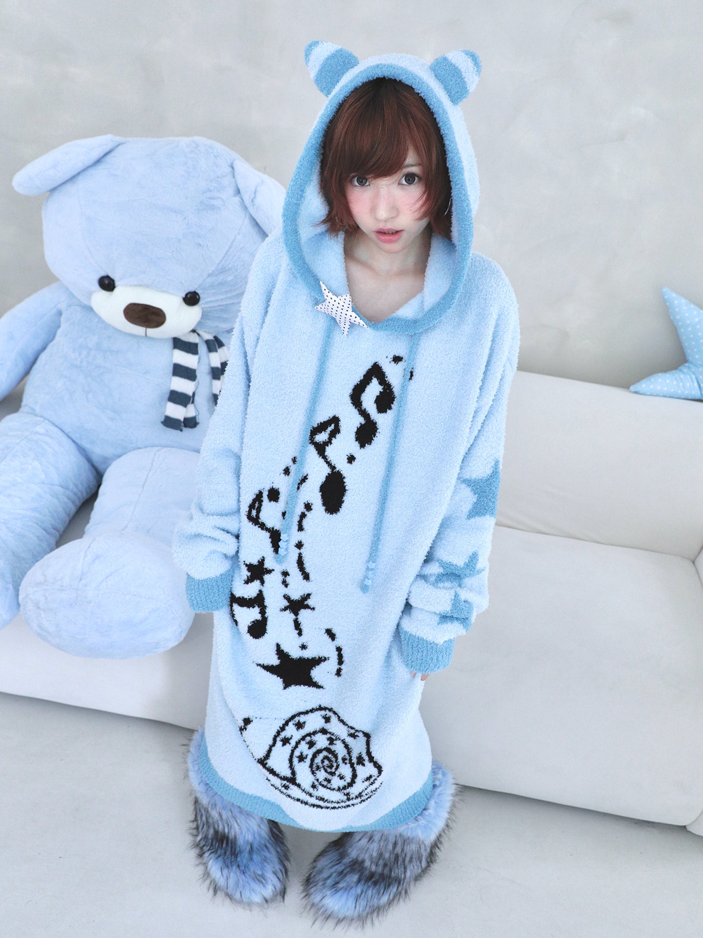 Musical Note & Snail Antennae Hooded Knit Maxi Dress