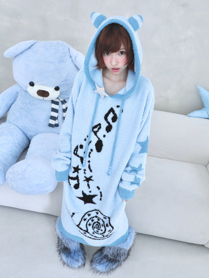 Musical Note & Snail Antennae Hooded Knit Maxi Dress