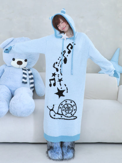 Musical Note & Snail Antennae Hooded Knit Maxi Dress
