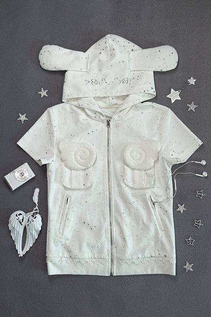 Rabbit eared hooded angel wing white vest Rhinestone jacket