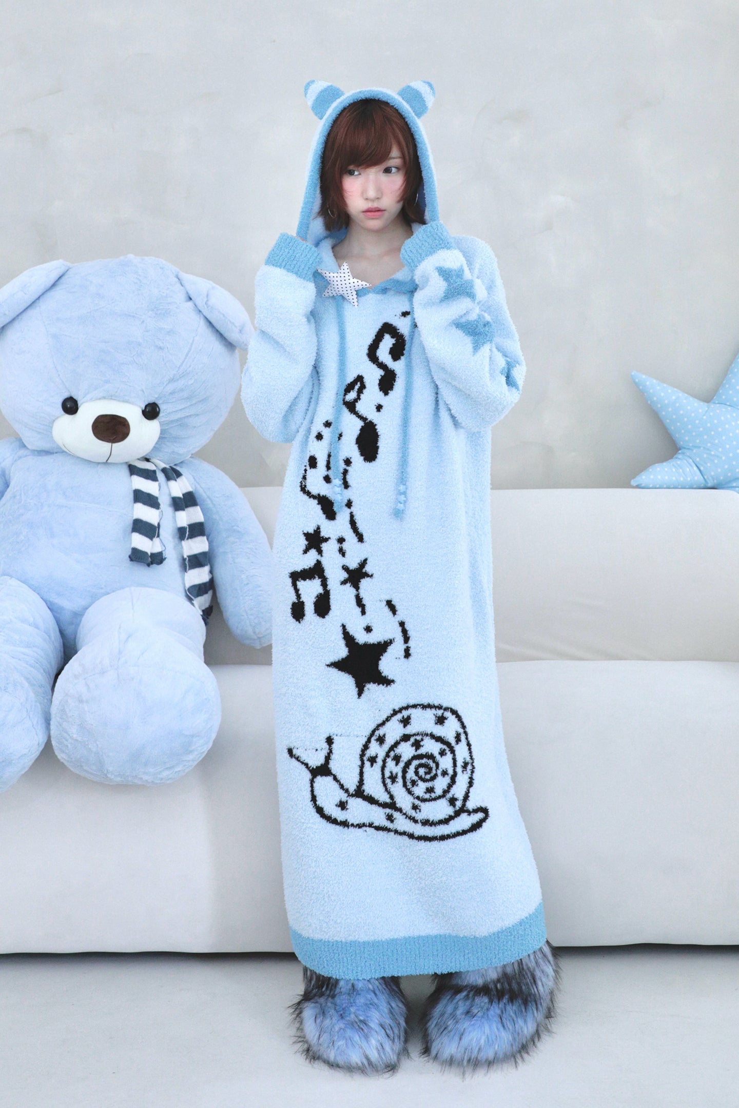 Musical Note & Snail Antennae Hooded Knit Maxi Dress