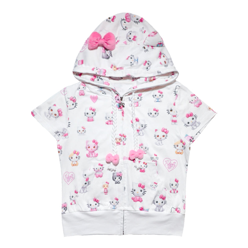 Kitty cat ears with bow short sleeved hoodie jacket