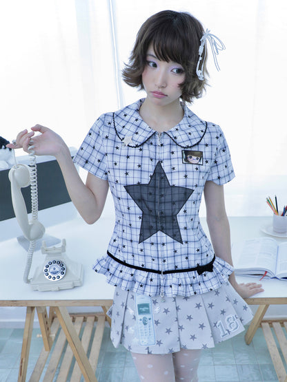Retro Flip Phone Star Pleated Mini Skirt