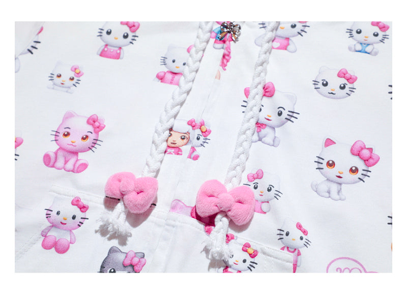Kitty cat ears with bow short sleeved hoodie jacket