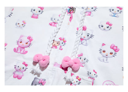 Kitty cat ears with bow short sleeved hoodie jacket