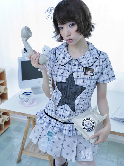 Retro Flip Phone Star Pleated Mini Skirt