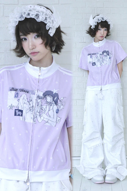 oliwabiu co-branded Star Print Short Sleeve Cardigan