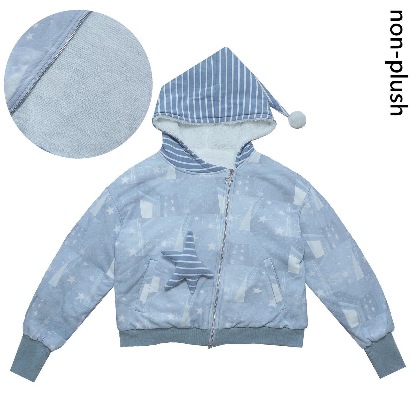 Star-Print Hooded Jacket with Diagonal Zipper