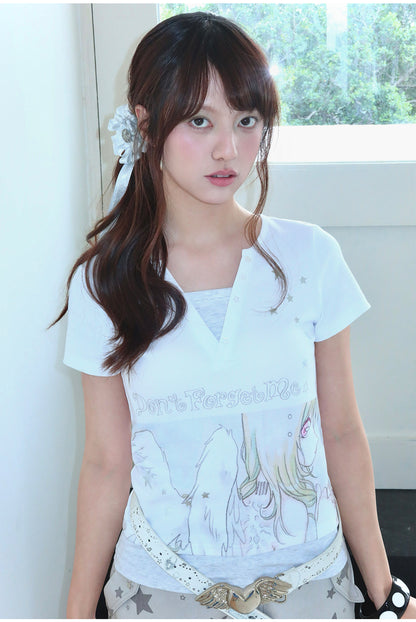 oliwabiu co-branded Angel Silver Foil Mock Layer Short Sleeve T-Shirt