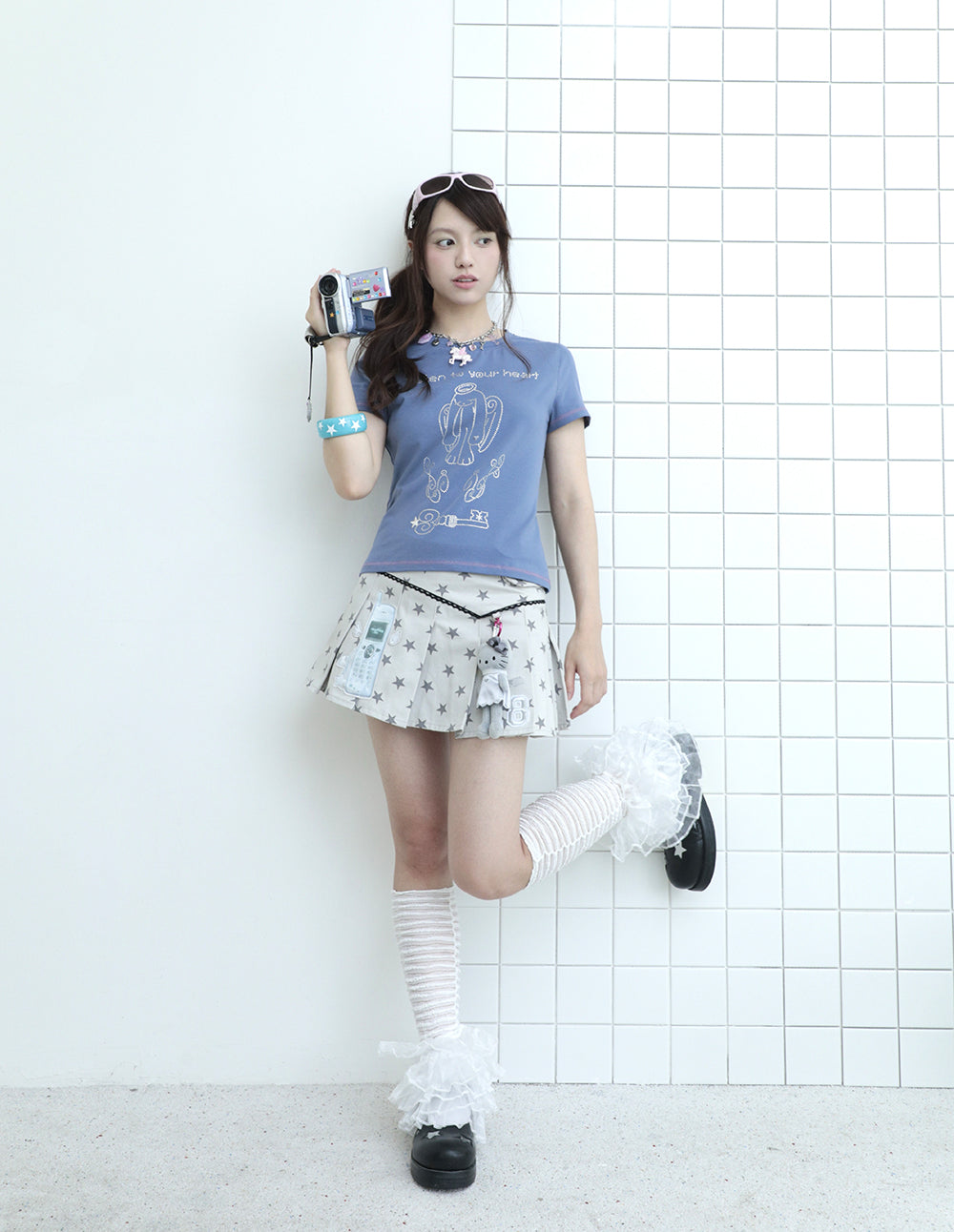 Retro Flip Phone Star Pleated Mini Skirt