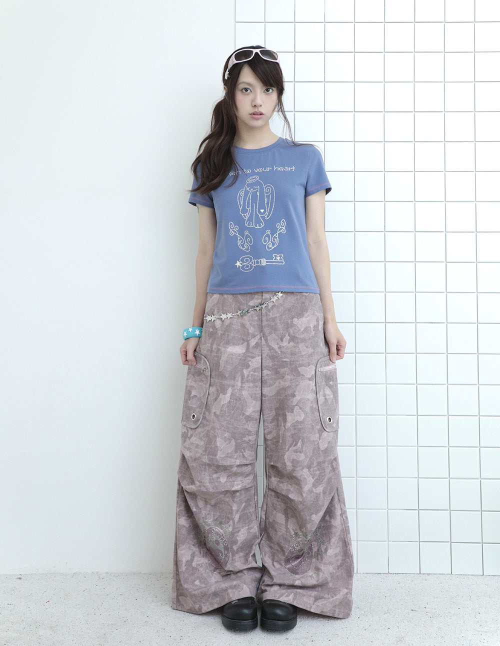 Cartoon Eye Rhinestone Parachute Pink Pants