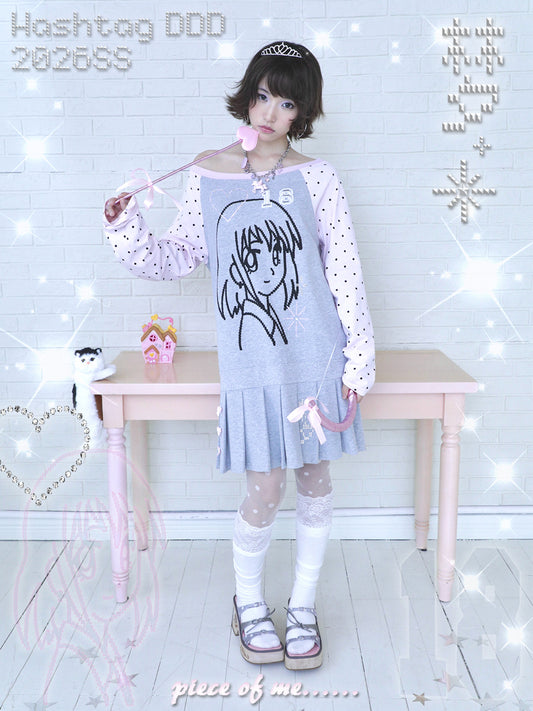 Pixel Girl Off Shoulder Long Sleeve Pleated Dress