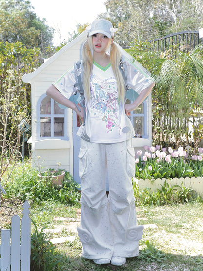 oliwabiu co-branded Patchwork  Star Embroidery Short Sleeve Jersey