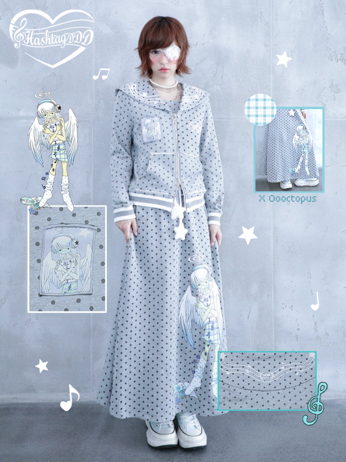 oooctopus co-branded Side-Zip Sweatshirt Long Skirt-grey