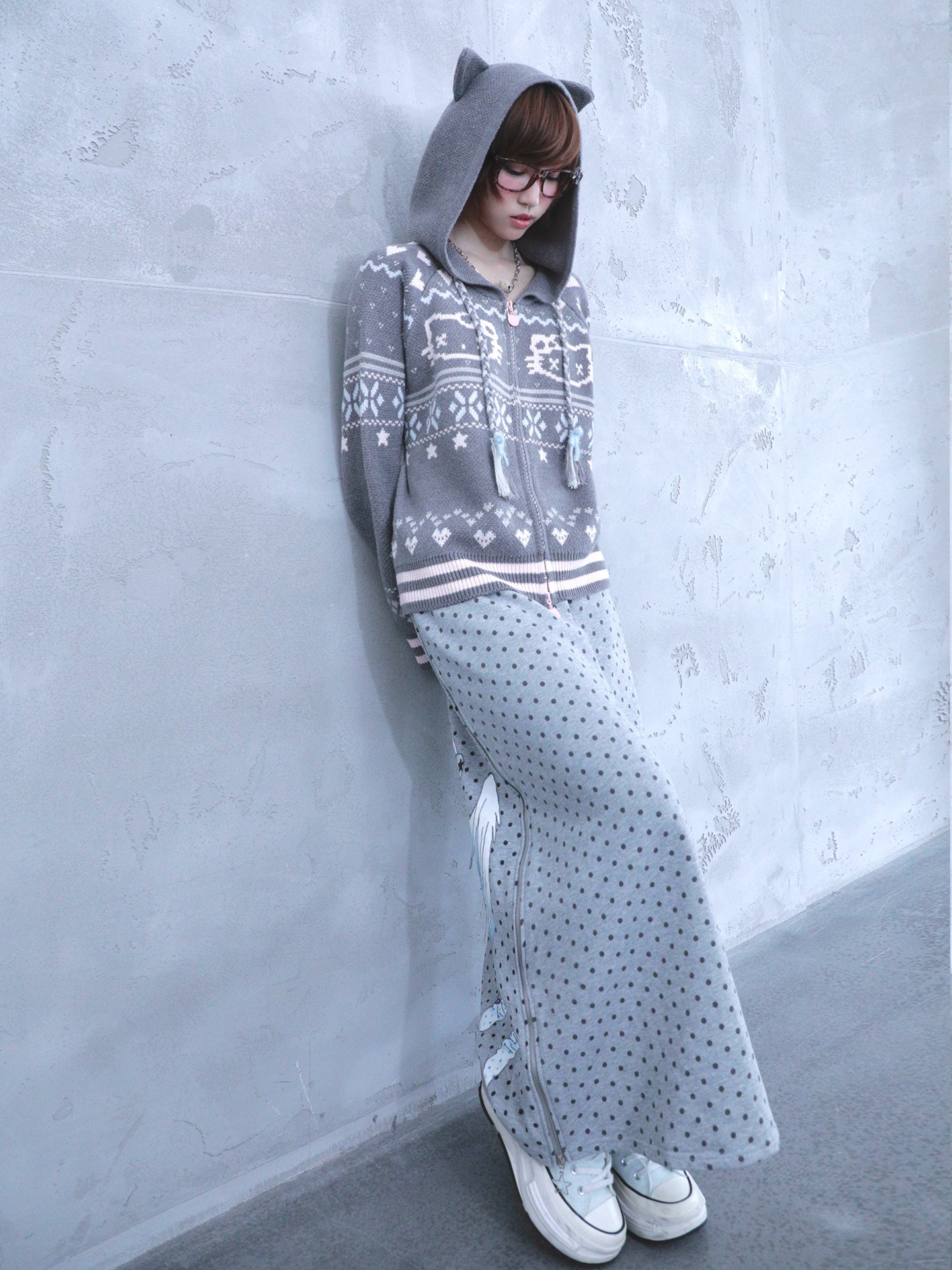 oooctopus co-branded Side-Zip Sweatshirt Long Skirt-grey