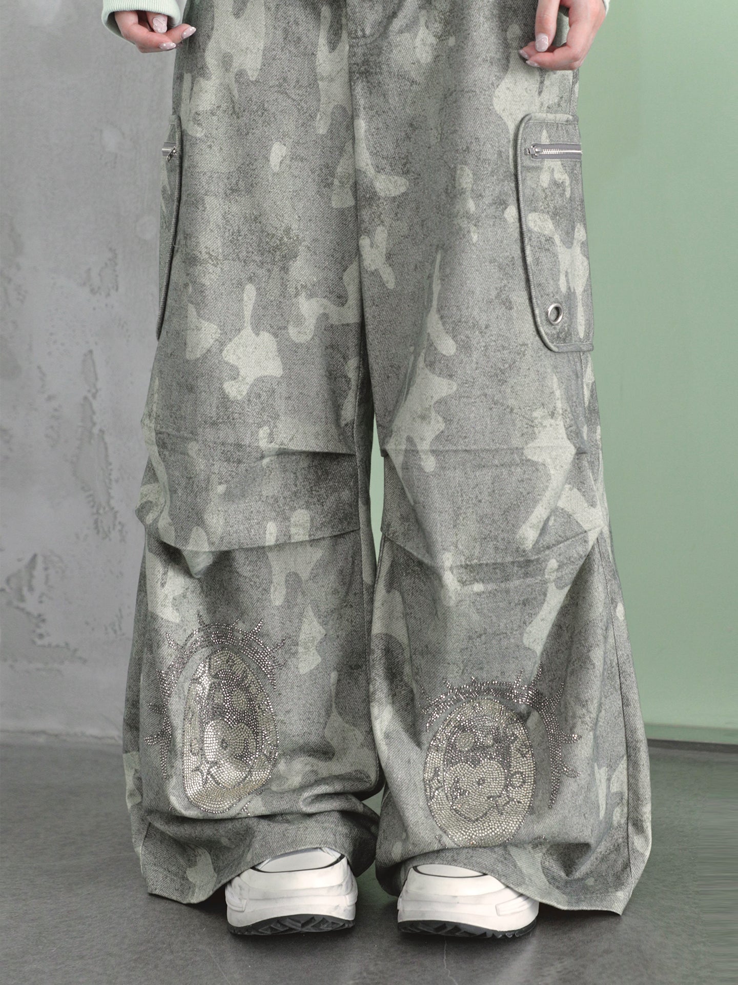 Cartoon-Eye Rhinestone Paratrooper Pants