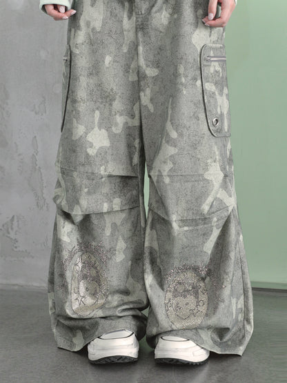 Cartoon-Eye Rhinestone Paratrooper Pants