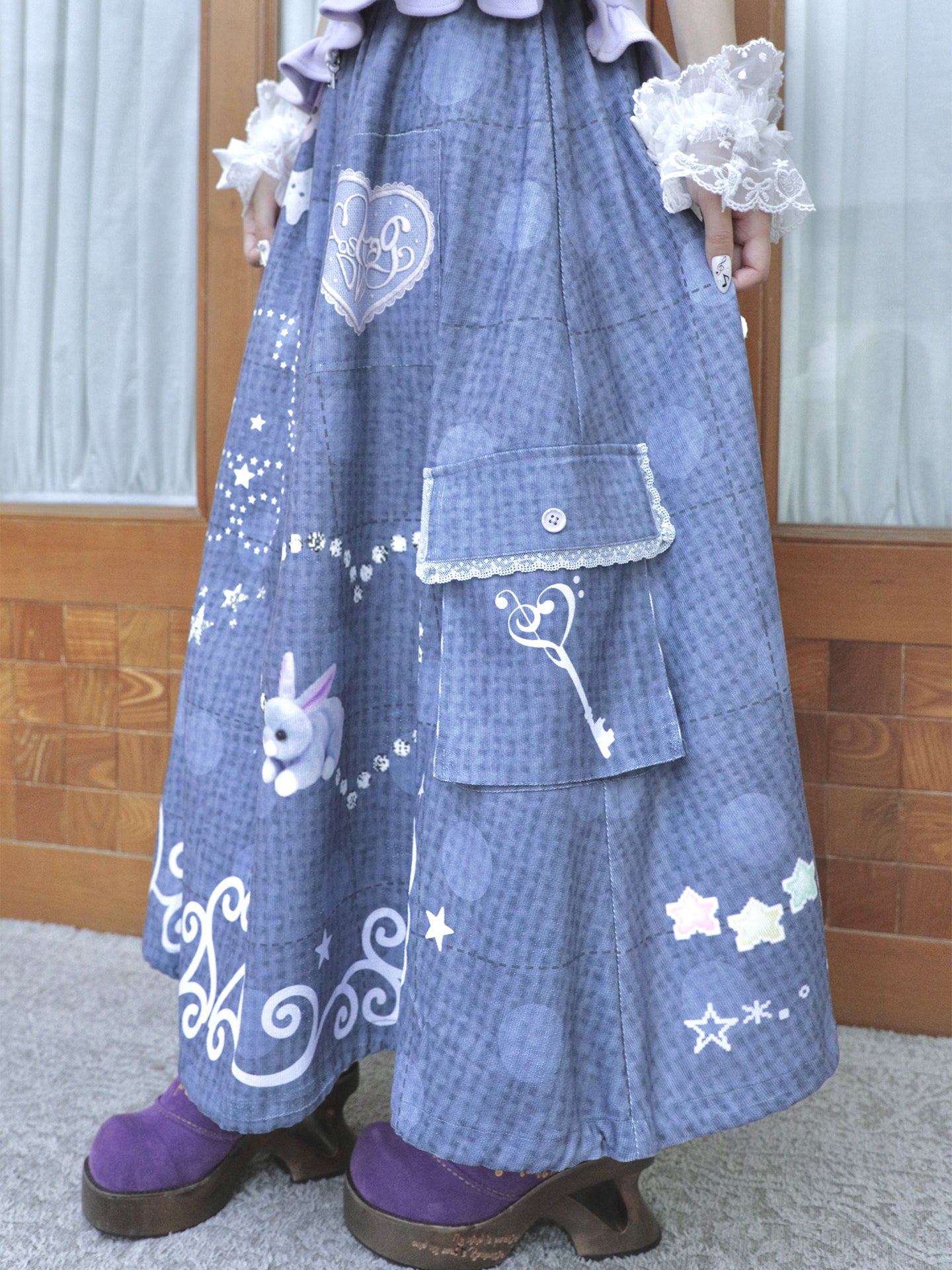 Reversible Faux Linen Polka Dot A-Line Maxi Skirt