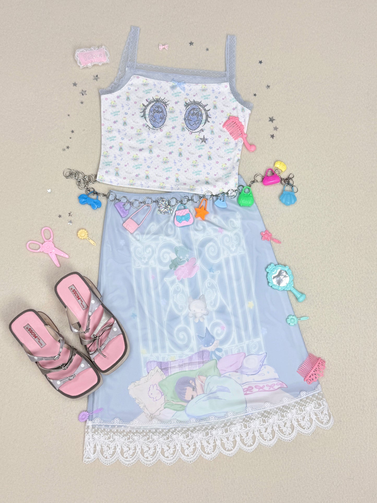 sunonebird co-branded Cartoon Eye Rhinestone Lace Camisole Top