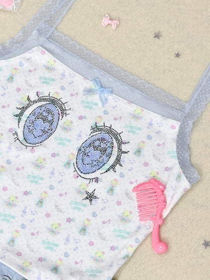 sunonebird co-branded Cartoon Eye Rhinestone Lace Camisole Top