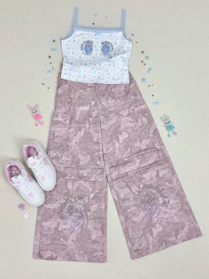 sunonebird co-branded Cartoon Eye Rhinestone Lace Camisole Top