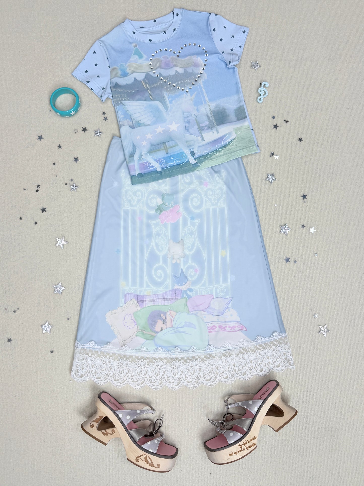 Unicorn Carousel Rhinestone Patchwork Short Sleeve Tee
