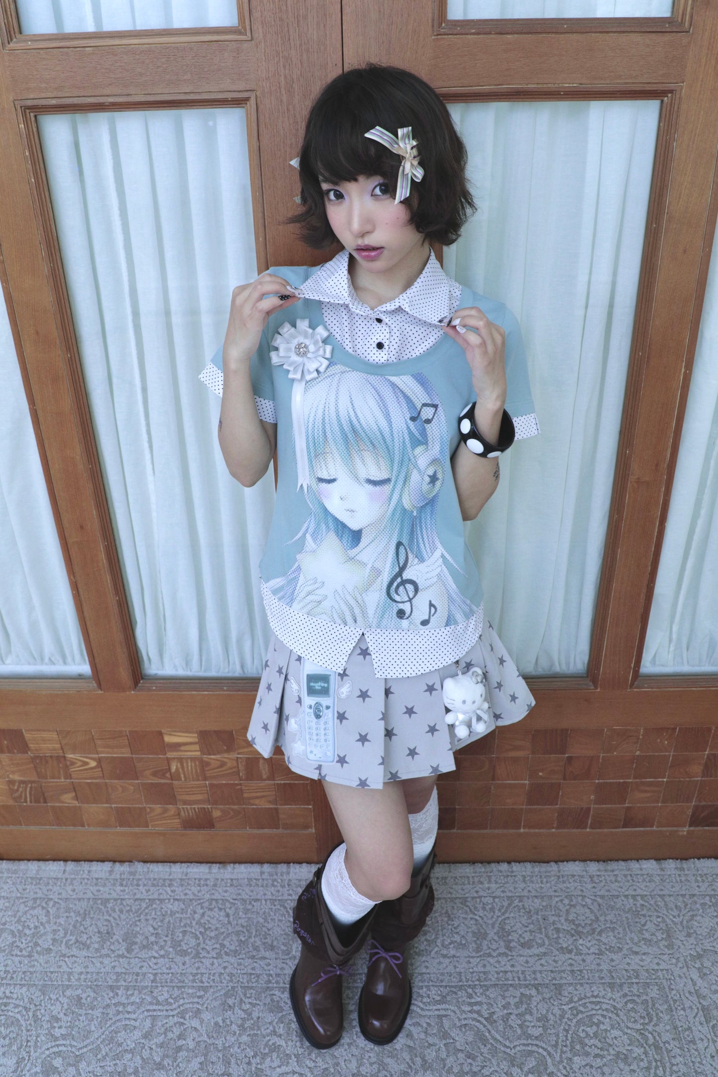 Retro Flip Phone Star Pleated Mini Skirt
