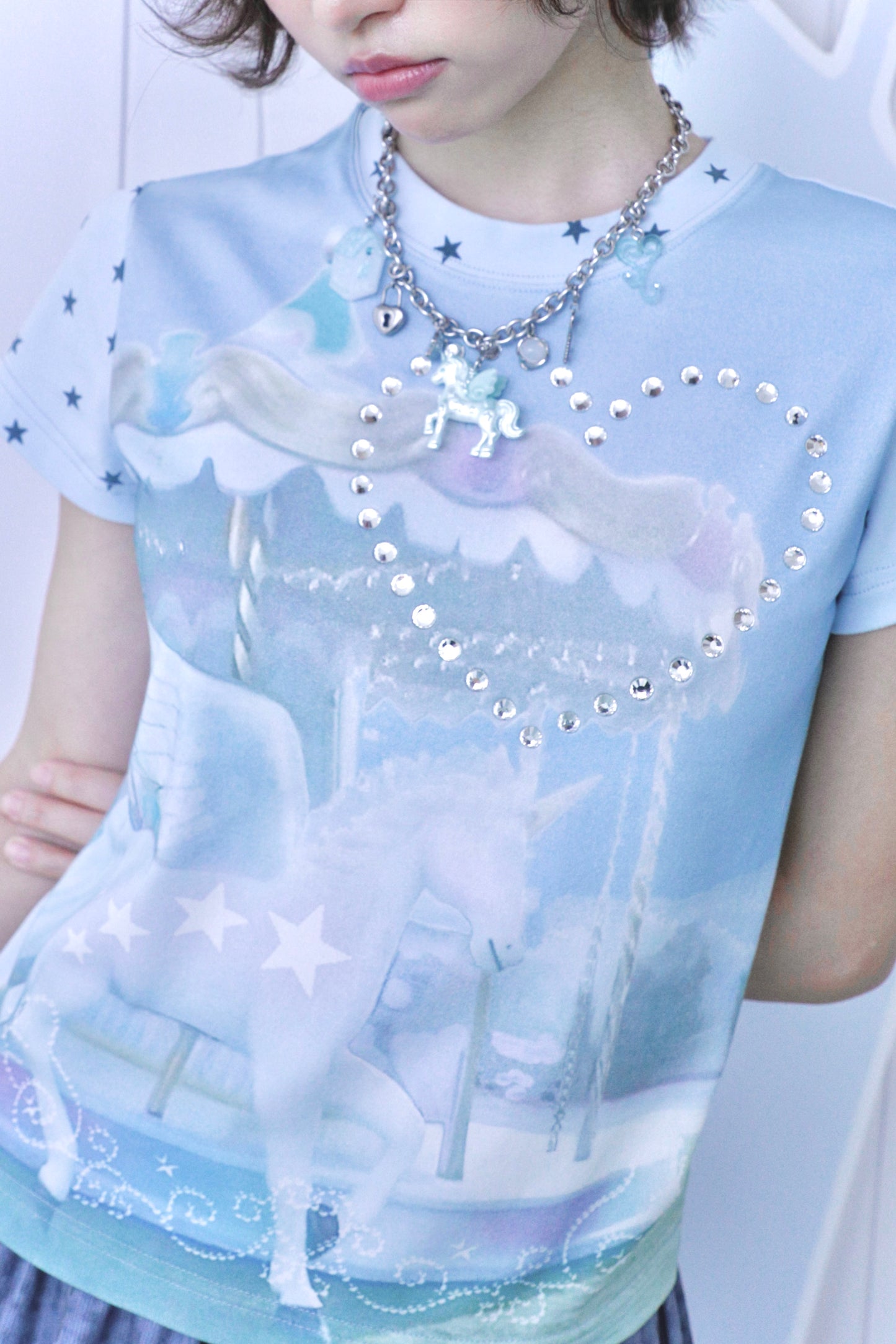 Unicorn Carousel Rhinestone Patchwork Short Sleeve Tee