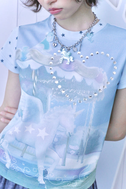 Unicorn Carousel Rhinestone Patchwork Short Sleeve Tee