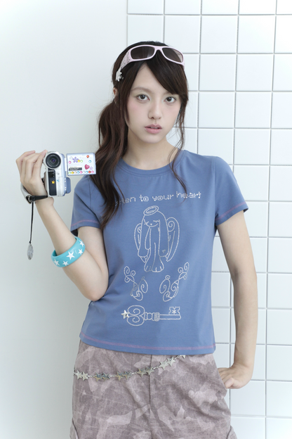 Angel Rabbit Key Rhinestone Short Sleeve Tee