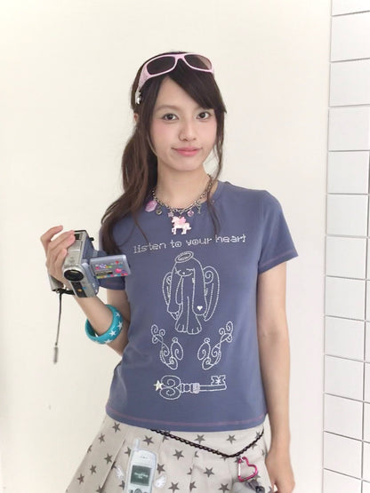 Angel Rabbit Key Rhinestone Short Sleeve Tee