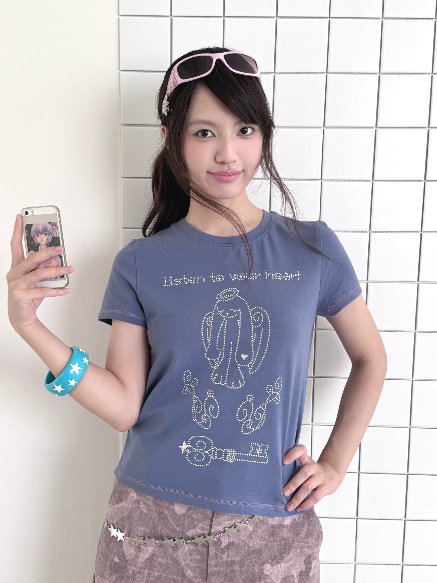 Angel Rabbit Key Rhinestone Short Sleeve Tee