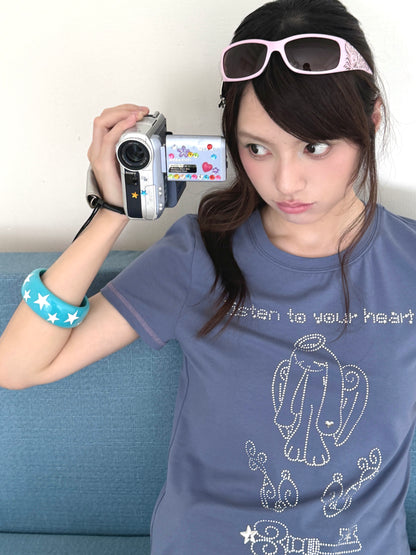 Angel Rabbit Key Rhinestone Short Sleeve Tee