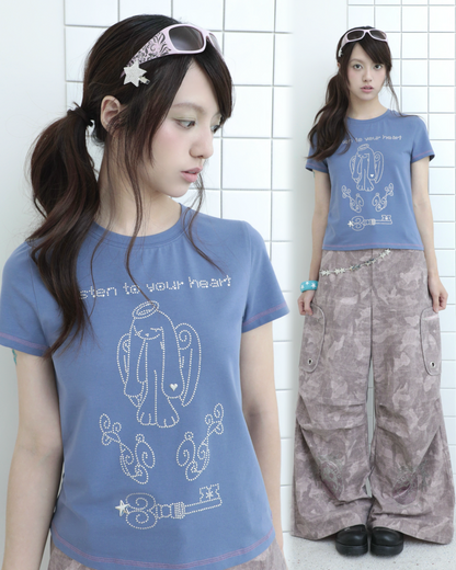 Angel Rabbit Key Rhinestone Short Sleeve Tee