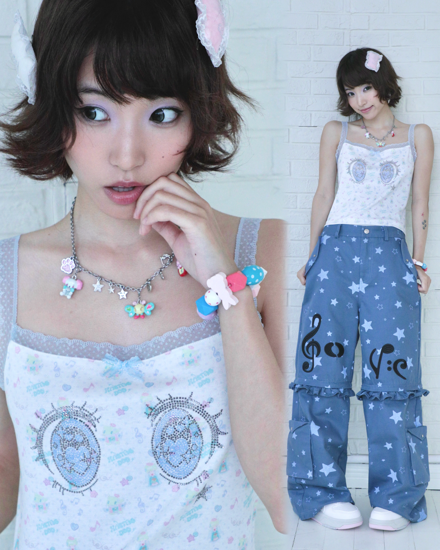 sunonebird co-branded Cartoon Eye Rhinestone Lace Camisole Top