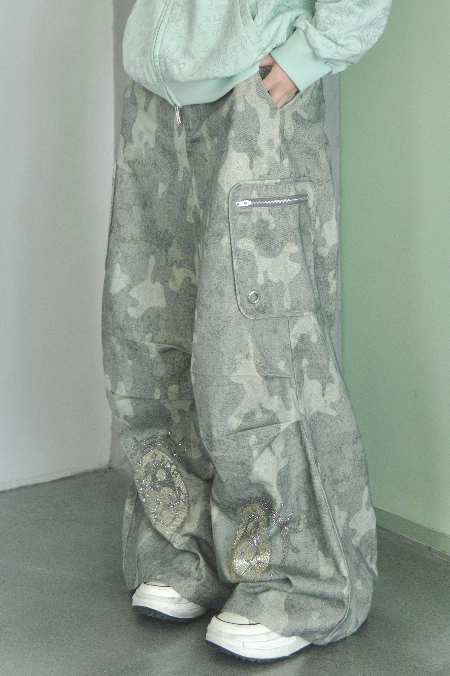 Cartoon-Eye Rhinestone Paratrooper Pants